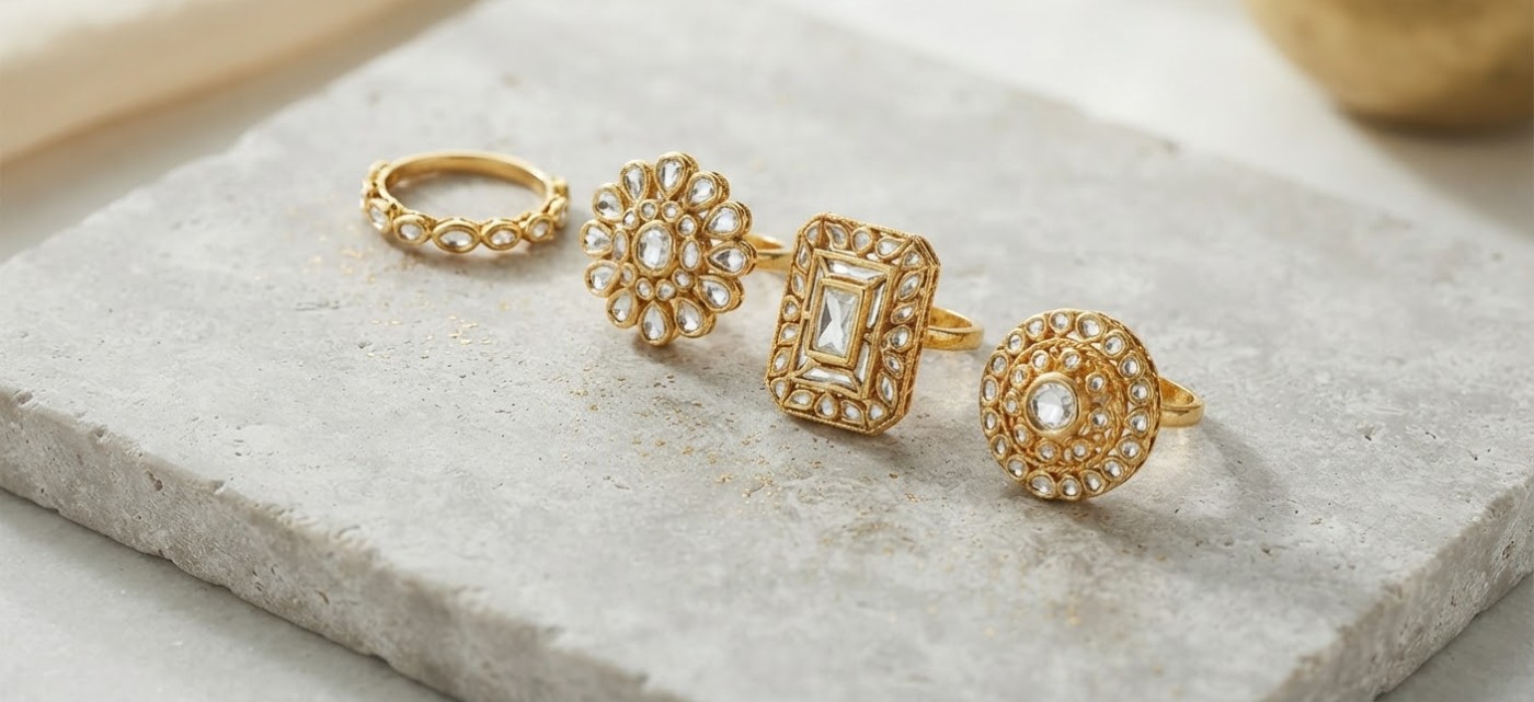 Kundan Ring Set of 4 — Kundan & white-stone stacking rings